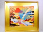 あいはら友子　日本画「赤富士に鳳凰(黄金の川)」