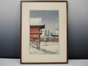 川瀬巴水　木版画「 根津権現の雪 」